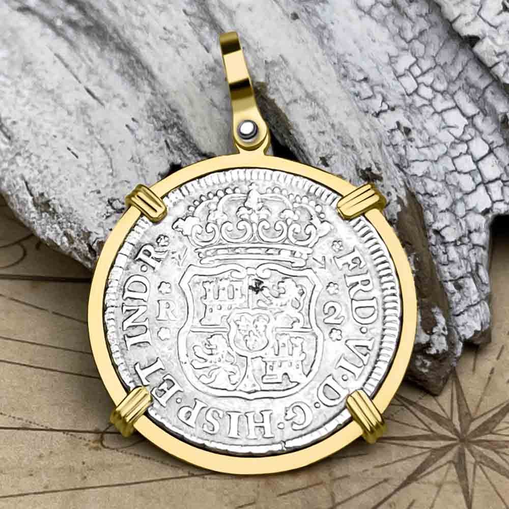 Rare Chopmarked &quot;Good Fortune&quot; 1756 Spanish 2 Reale Pirate Era &quot;Piece of Eight&quot; Pillar Dollar Pendant in 14K Gold | Artifact #7917
