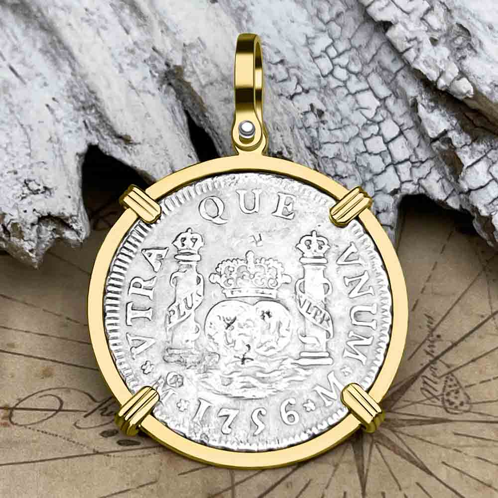 Rare Chopmarked &quot;Good Fortune&quot; 1756 Spanish 2 Reale Pirate Era &quot;Piece of Eight&quot; Pillar Dollar Pendant in 14K Gold | Artifact #7917