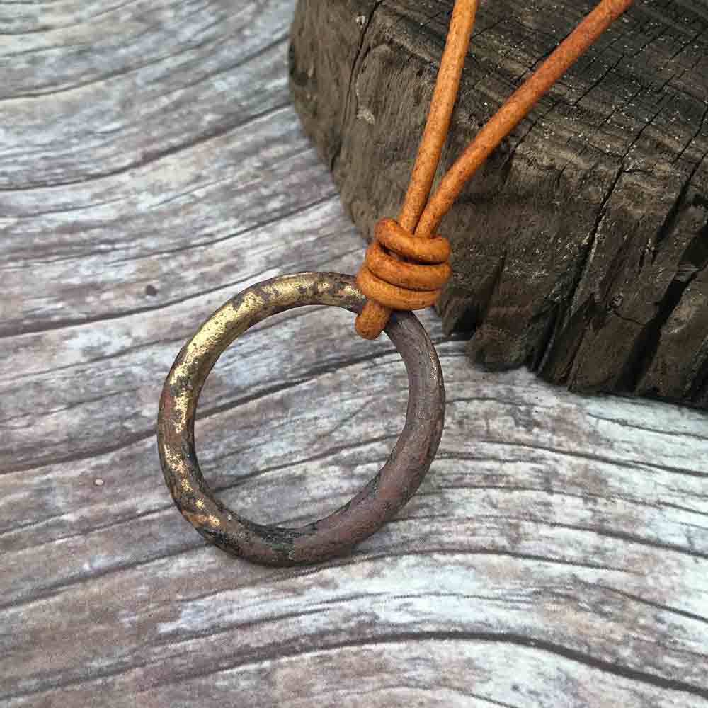 Two-Tone Bright and Matte Golden Bronze Bronze Celtic Ring Money Leather Necklace