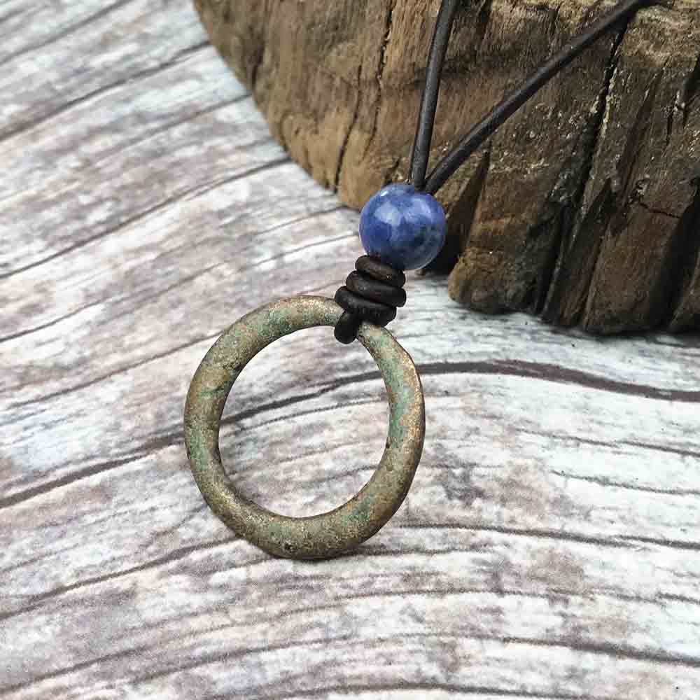 Flat Frosted Green Bronze Celtic Ring Money & Sodalite Leather Necklace