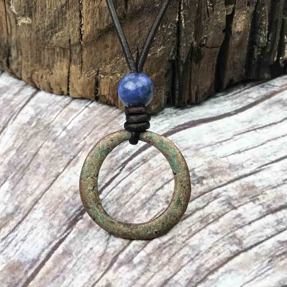 Flat Frosted Green Bronze Celtic Ring Money &amp; Sodalite Leather Necklace
