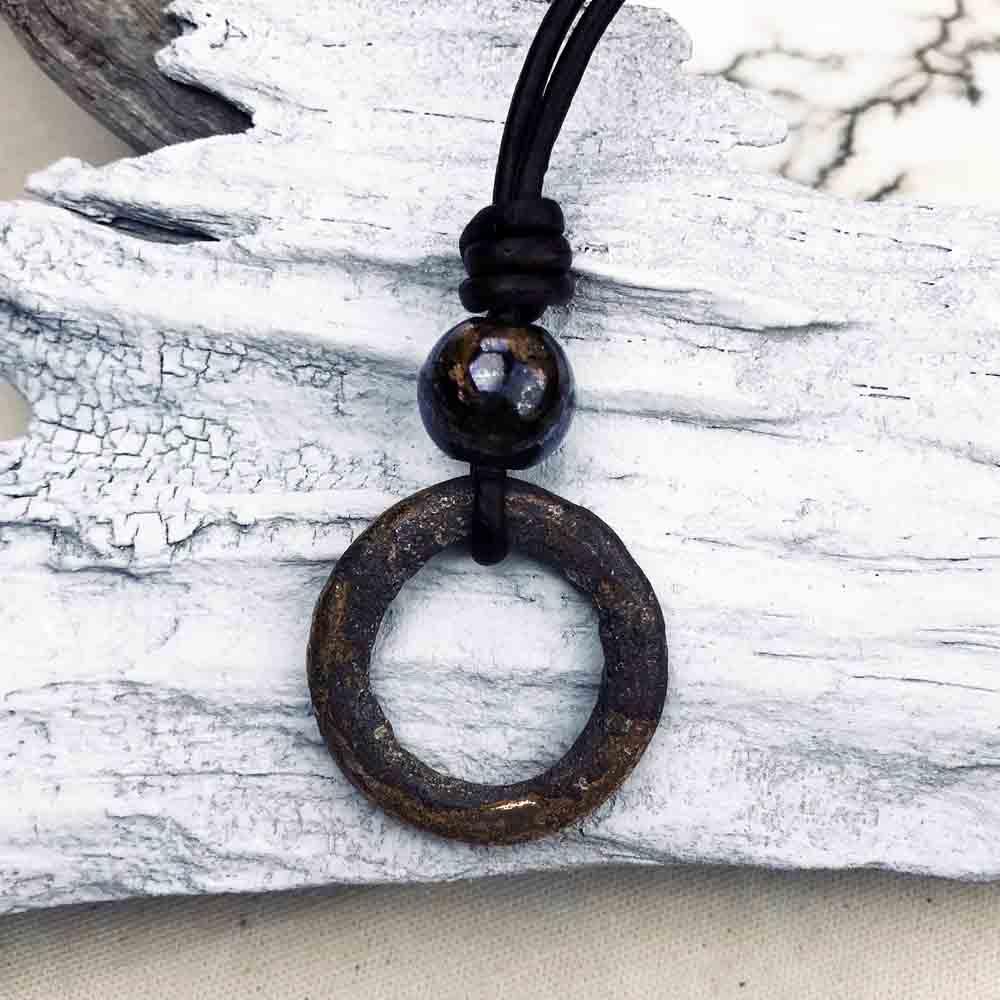 Large, Flat Bronze Celtic Ring Money &amp; Genuine Bronzite Leather Necklace