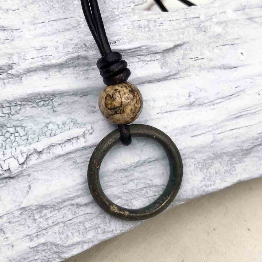 Rich Brown Celtic Ring Money & Genuine Picture Jasper Leather Necklace