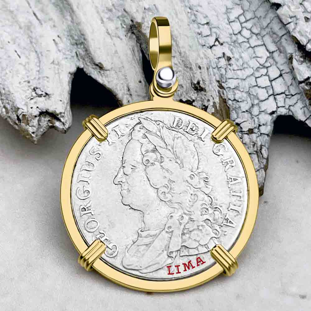 RARE LIMA British Privateer Capture Great Britain 1745 Shilling 14K Gold Pendant