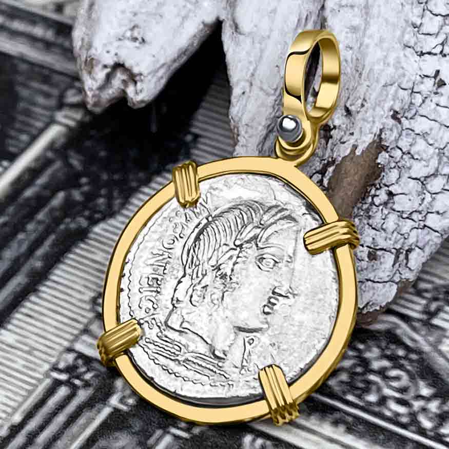 Roman Republic Silver Denarius with Apollo Coin 85 BC 14K Gold Pendant