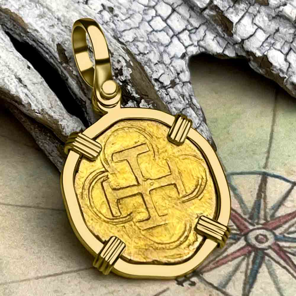 Pirate Era Circa 1570S 22K Gold One Escudo - the Legendary Doubloon - 18K Gold Pendant