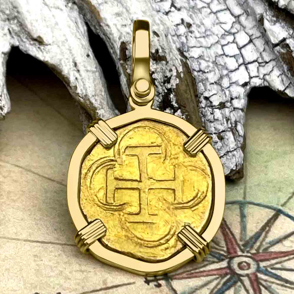 Pirate Era Circa 1570S 22K Gold One Escudo - the Legendary Doubloon - 18K Gold Pendant