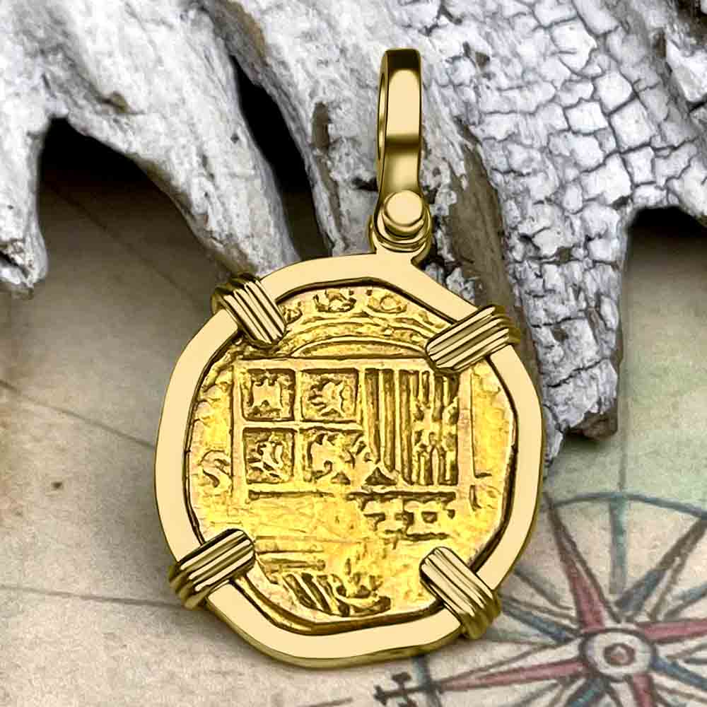 Pirate Era Circa 1570S 22K Gold One Escudo - the Legendary Doubloon - 18K Gold Pendant