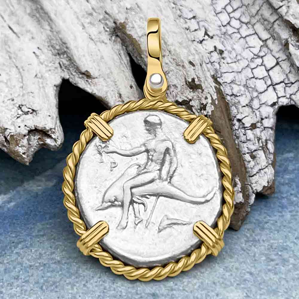 Ancient Greek Boy on the Dolphin Silver Nomos 344-235 BC Pendant in 14K Gold