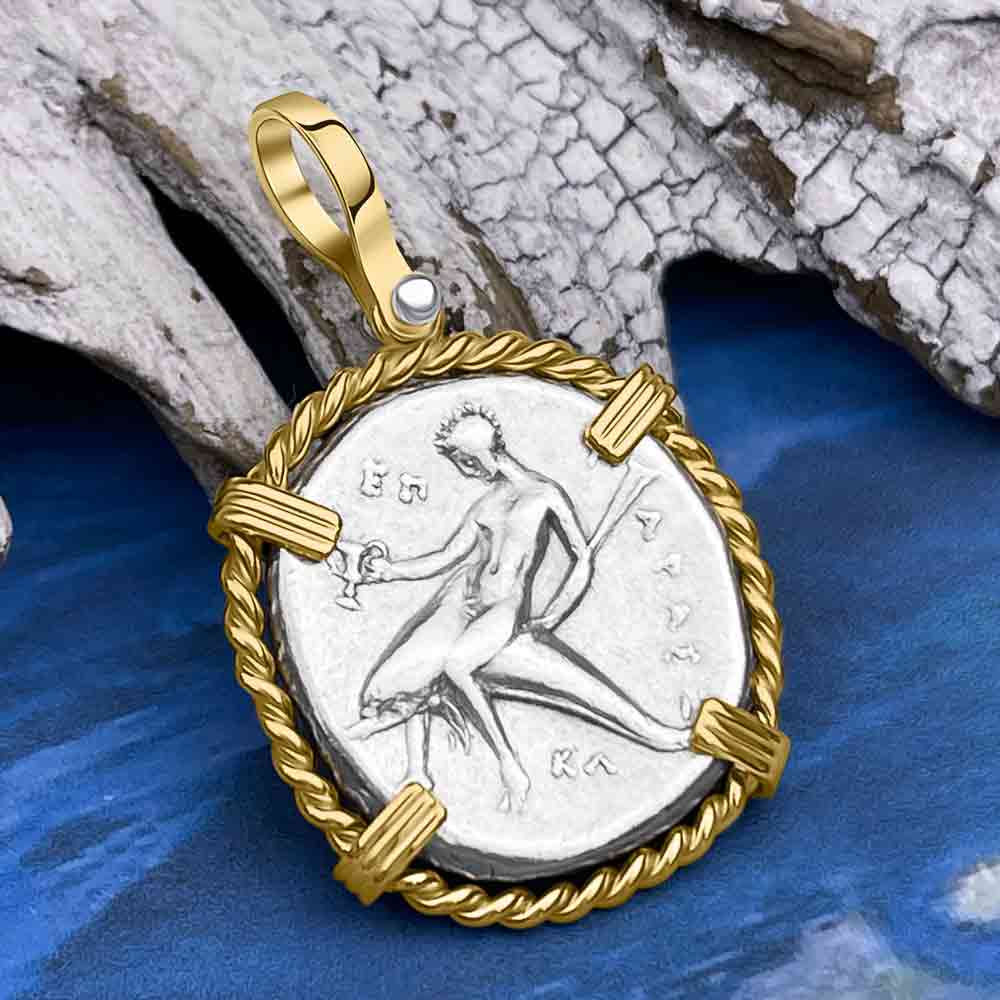 Ancient Greek Boy on the Dolphin Silver Nomos 344-235 BC Pendant in 14K Gold
