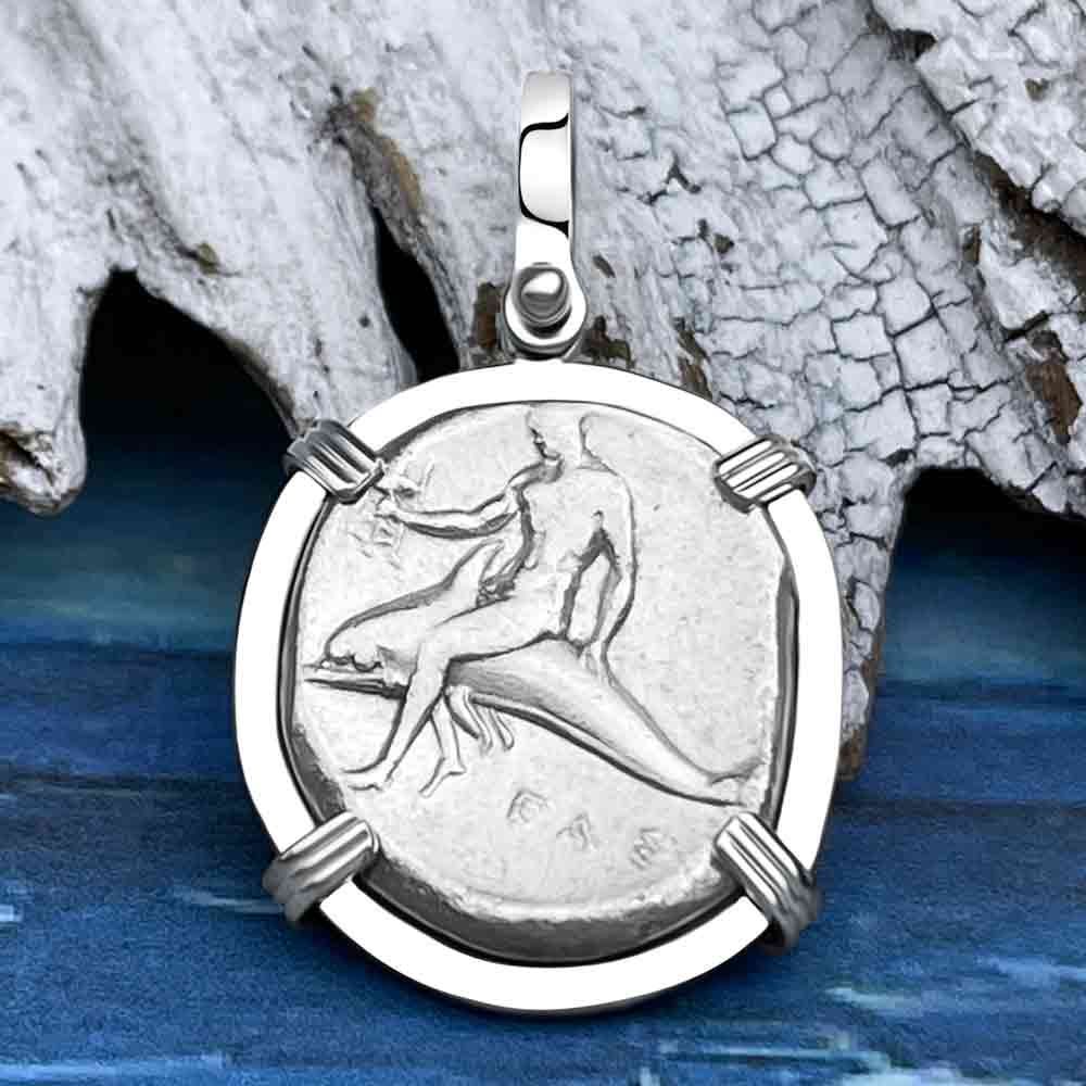 Ancient Greek Boy on the Dolphin Silver Nomos 344-235 BC Pendant in 14K White Gold