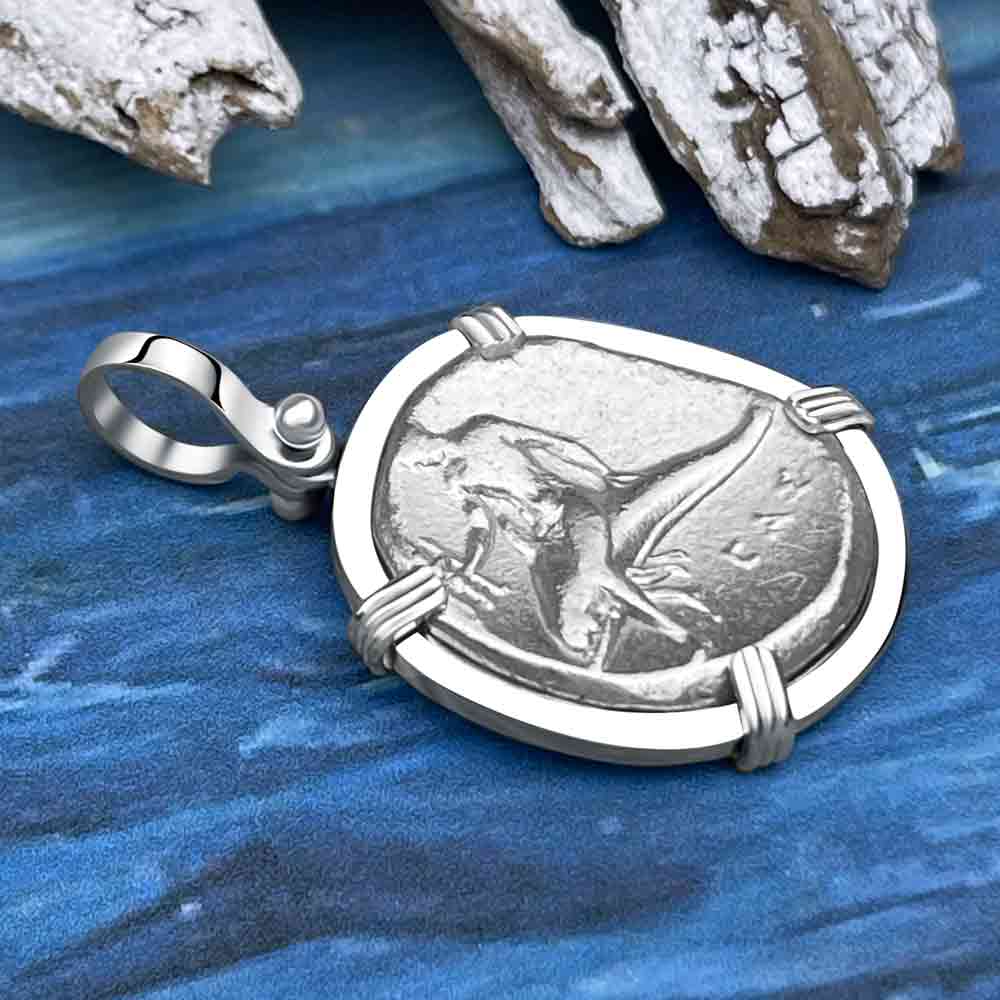 Ancient Greek Boy on the Dolphin Silver Nomos 344-235 BC Pendant in 14K White Gold
