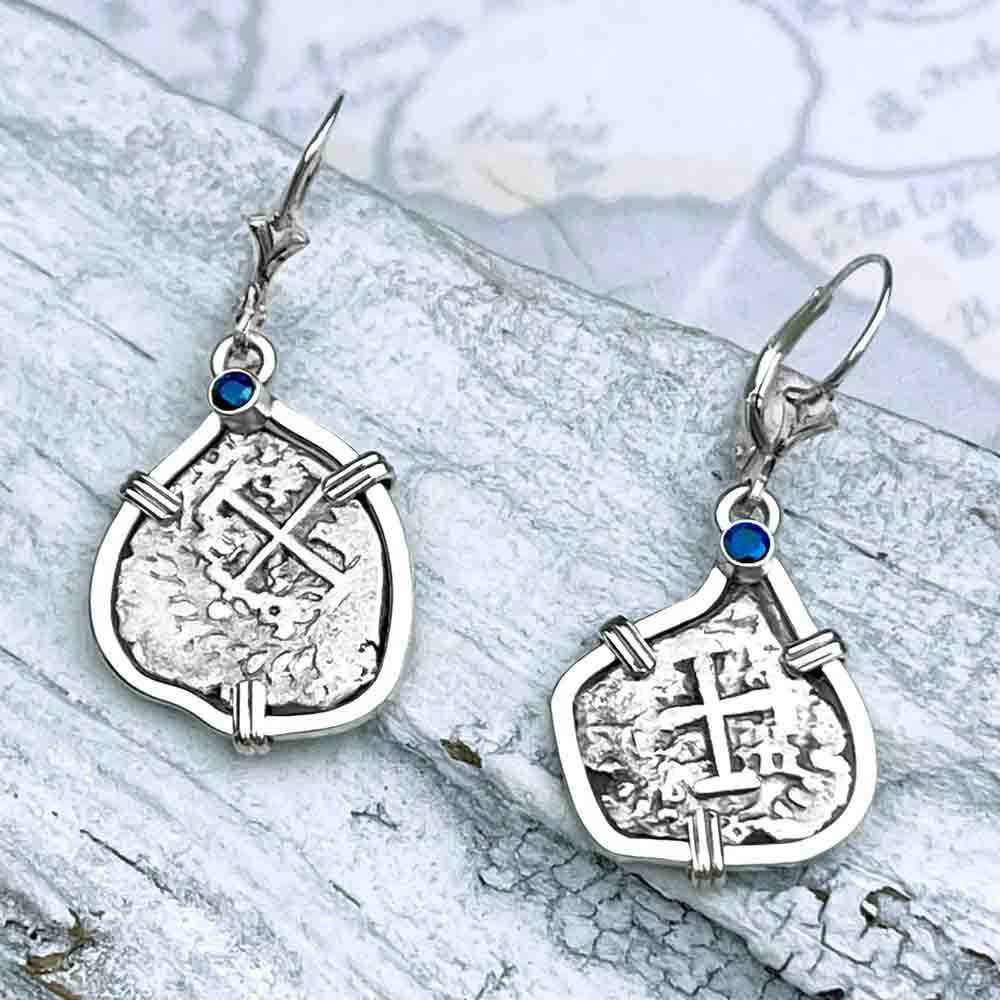 1670s Rimac River &quot;Good Luck&quot; Spanish 1/2 Reale &quot;Piece of Eight&quot; Sterling Silver with Blue Sapphires Earrings