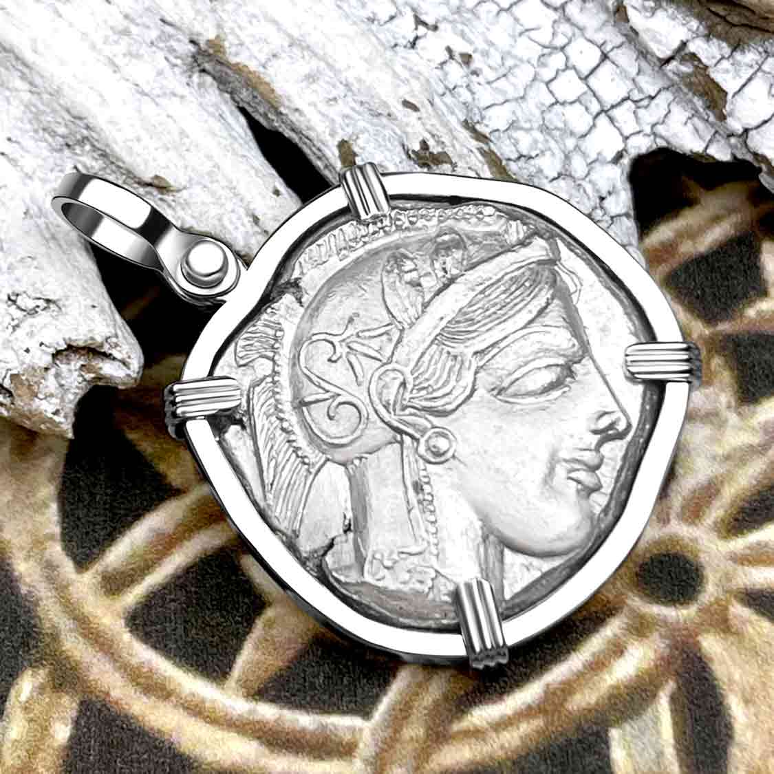 Ancient Greek Athena and the Owl Silver Tetradrachm circa 450 BC 14K White Gold Pendant