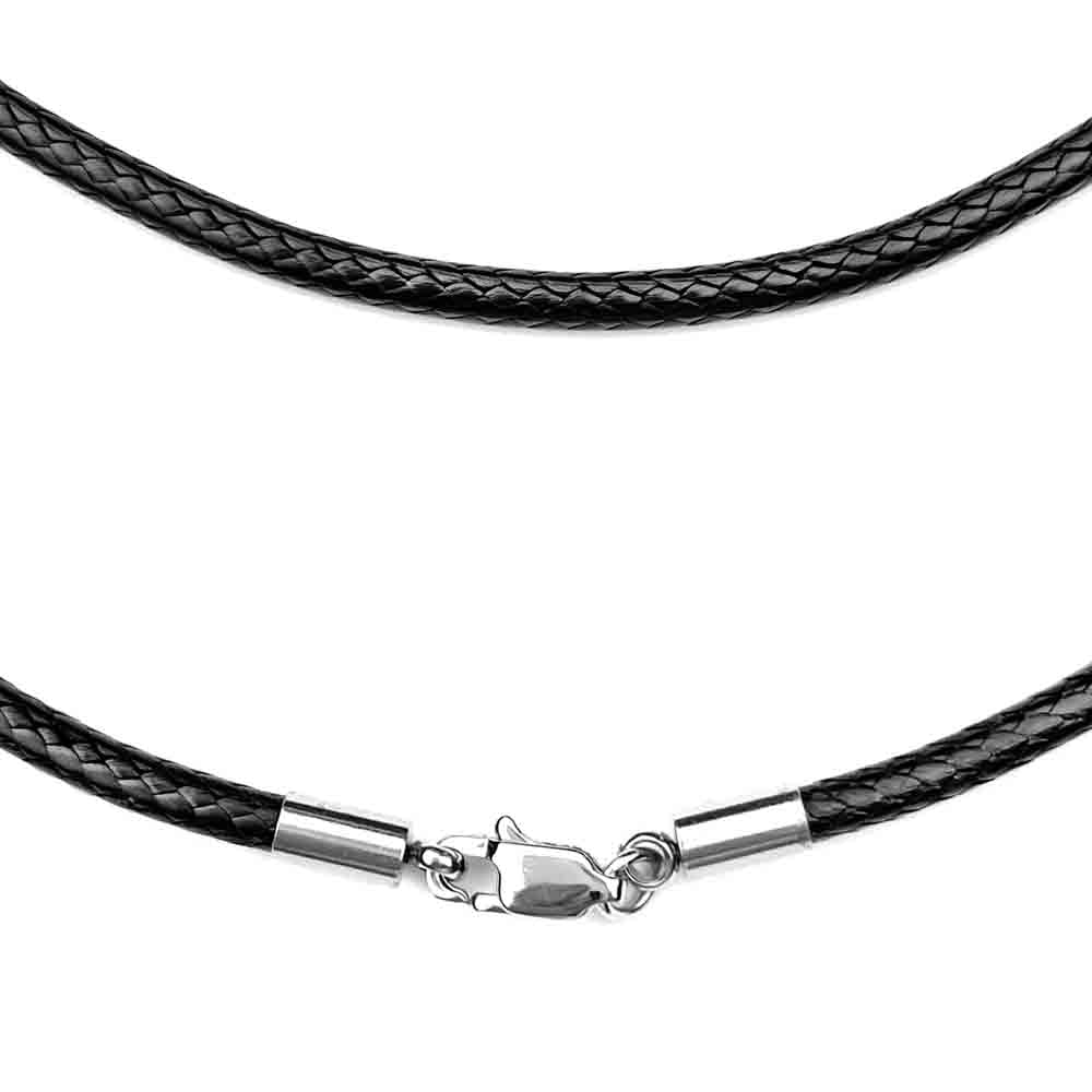 3.0 mm Textured Black Center-Hide Leather Necklace Finished in Stainless Steel | for Men & Women