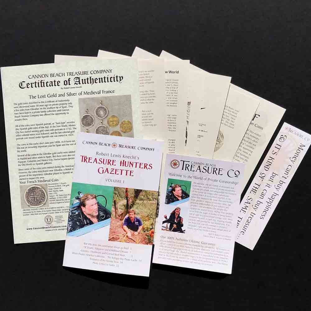Detailed multi-page certificate of authenticity that comes with each of our treasure coin jewelry pendants researched and written by Robert Lewis Knecht - the finest Gold Standard historic documentation in the world