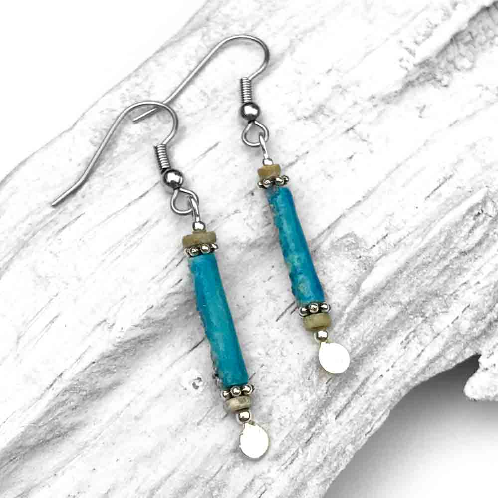 Rare Bright Turquoise Ancient Egyptian Faience Mummy Bead Earrings in Sterling Silver