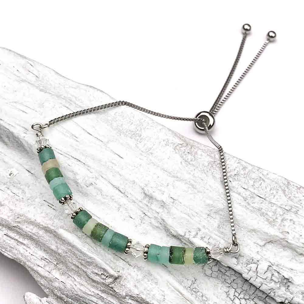 Ancient Roman Glass Cluster Adjustable Length Bracelet in Antiqued Stainless Steel