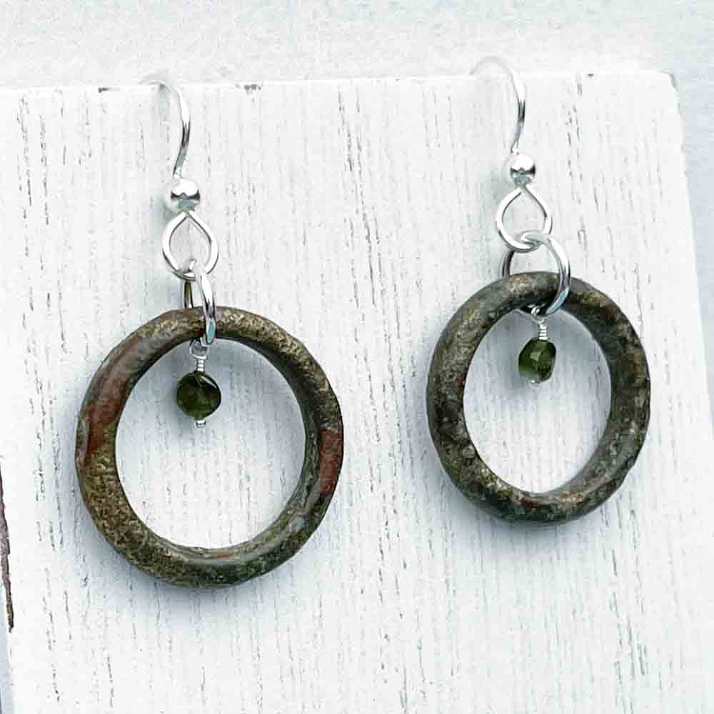 Thick Dark Bronze Celtic Ring Money Earrings with Genuine Green Tourmaline