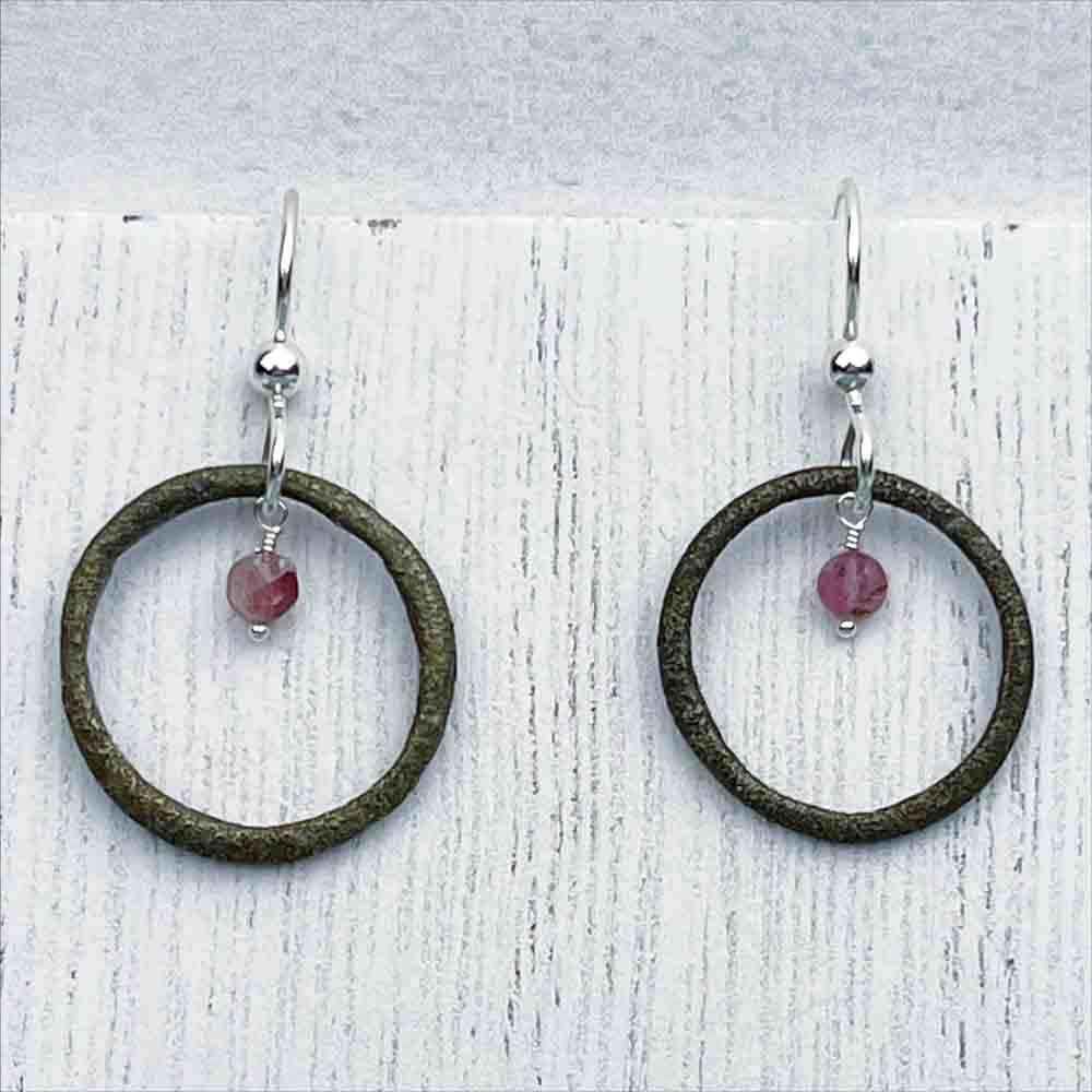 Delicate Bronze Celtic Ring Money Earrings with Genuine Pink Tourmaline