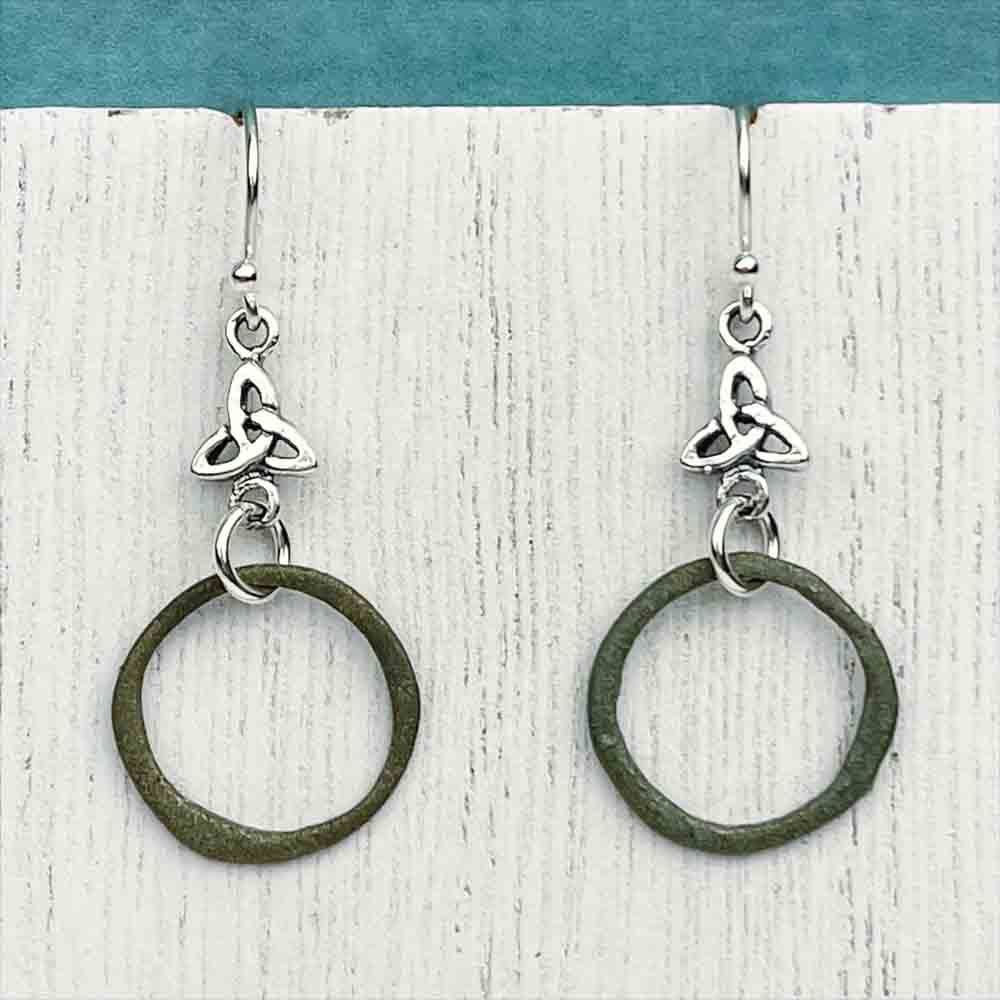 Light Green Celtic Ring Money Earrings with Trinity Knot Links