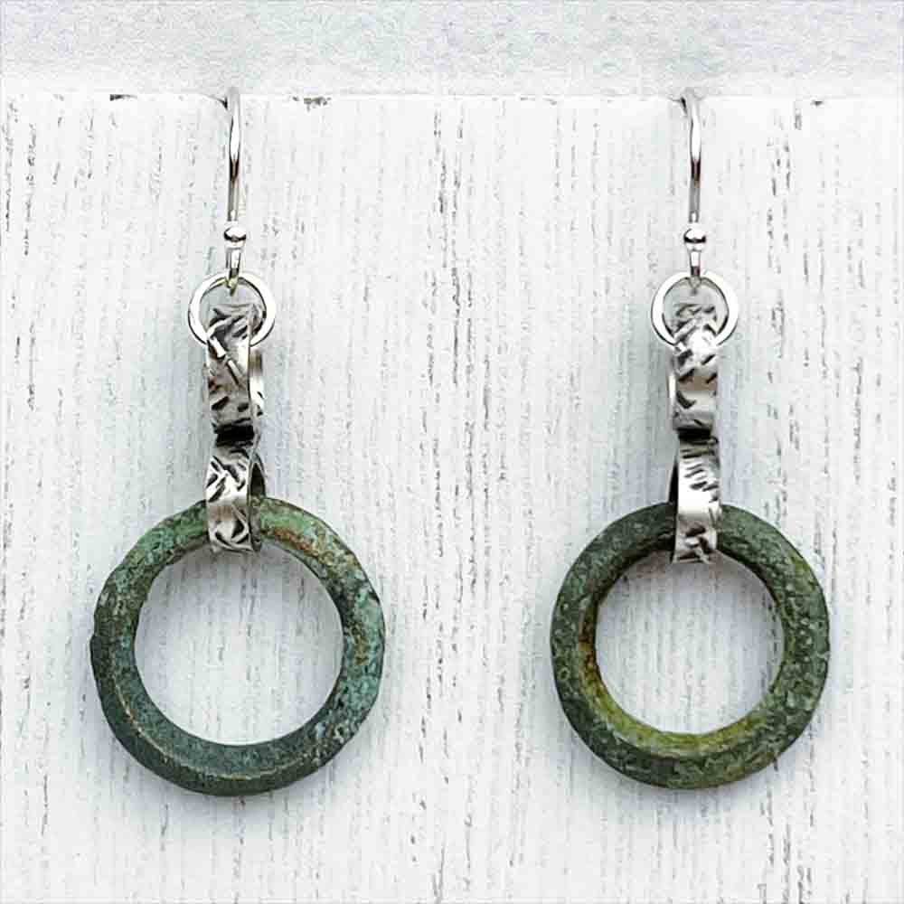 Green Bronze Raised Ridge Celtic Ring Money Ancient Anvil Earrings