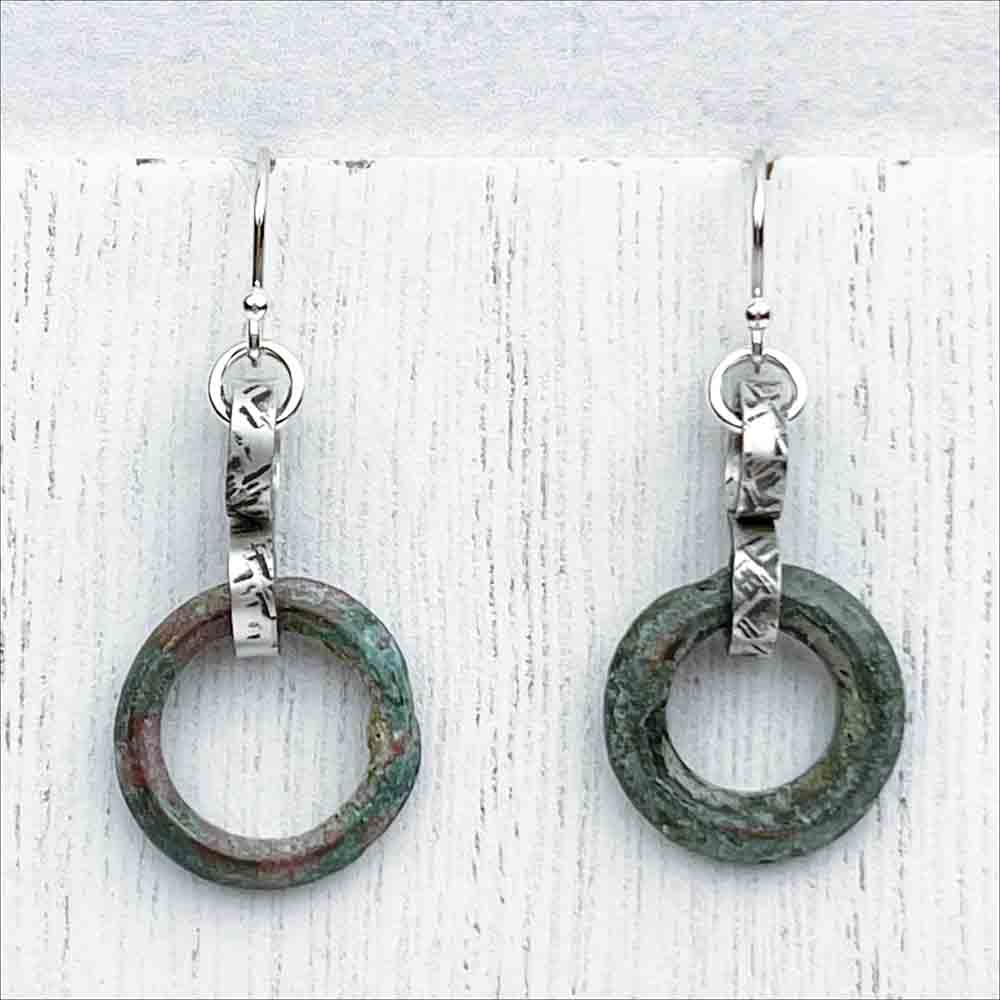 Variegated Green Bronze Raised Ridge Celtic Ring Money Ancient Anvil Earrings