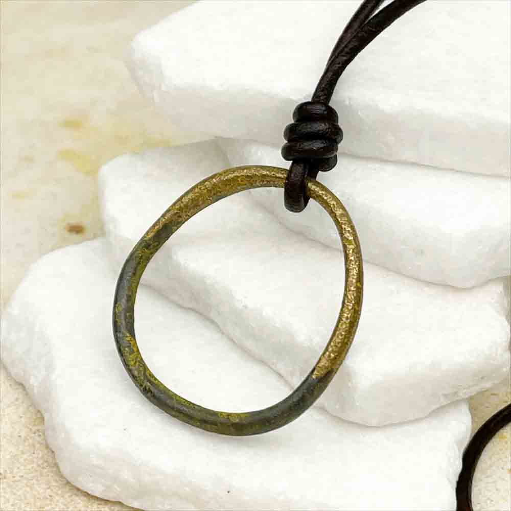 Large Bright to Dark Patinated Bronze Celtic Ring Money Leather Necklace