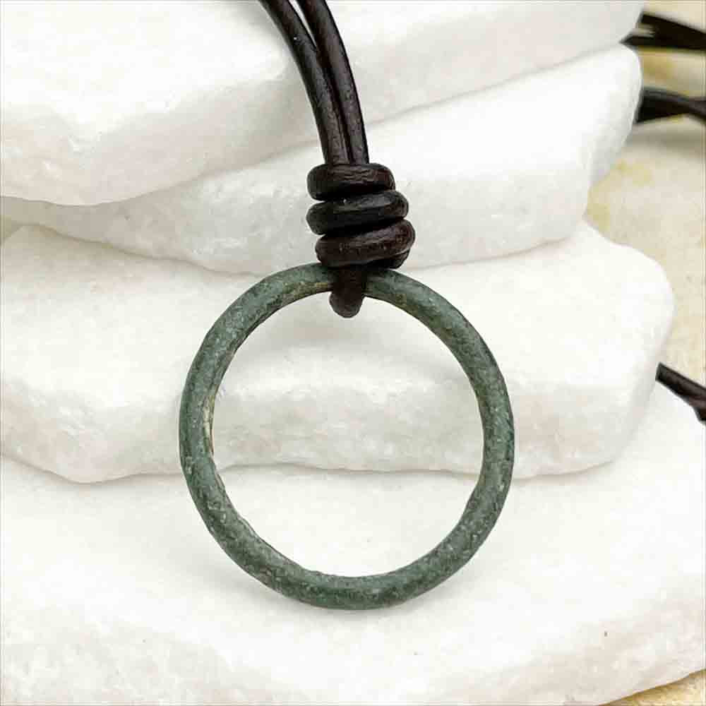 Light to Rich Green Bronze Celtic Ring Money Leather Necklace