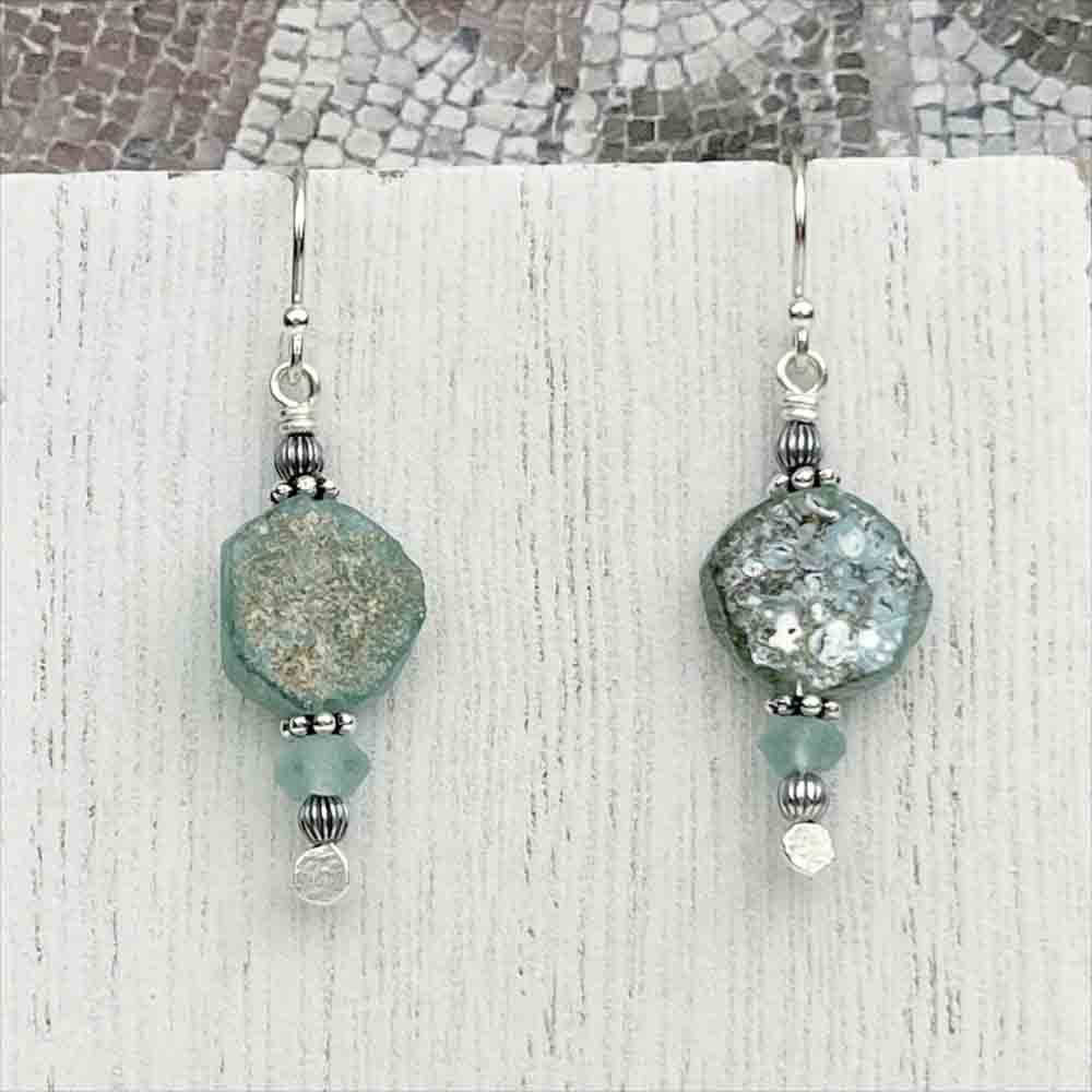 Ancient Roman Glass in Aqua Earrings in Sterling Silver