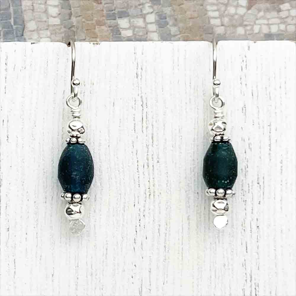 Ancient Roman Glass Earrings in Rare Deepest Teal on Sterling Silver