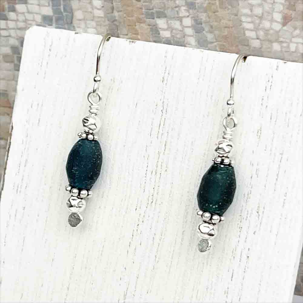 Ancient Roman Glass Earrings in Rare Deepest Teal on Sterling Silver