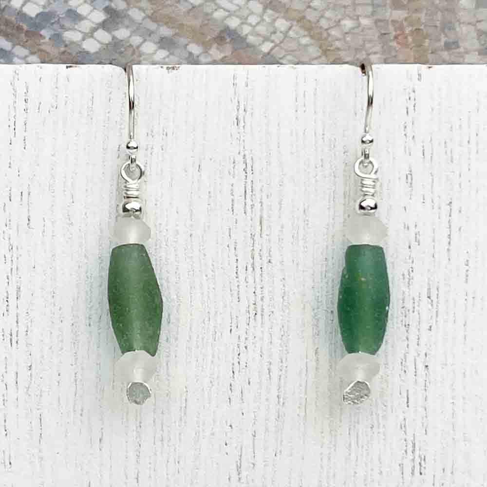 Ancient Roman Glass Earrings in Green and Clear on Sterling Silver