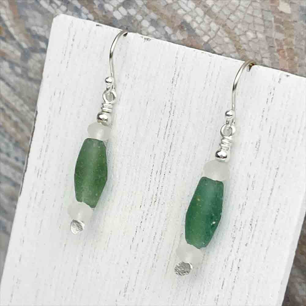 Ancient Roman Glass Earrings in Green and Clear on Sterling Silver