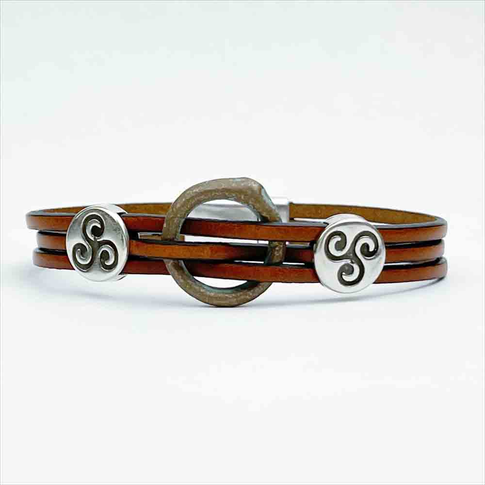 Celtic Ring Money 8" Bracelet in Caramel Brown Leather & Silver Triskeles