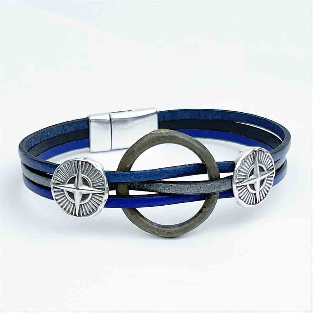 Celtic Ring Money 8" Bracelet in Blues and Silver Leather & Silver Compass Rose