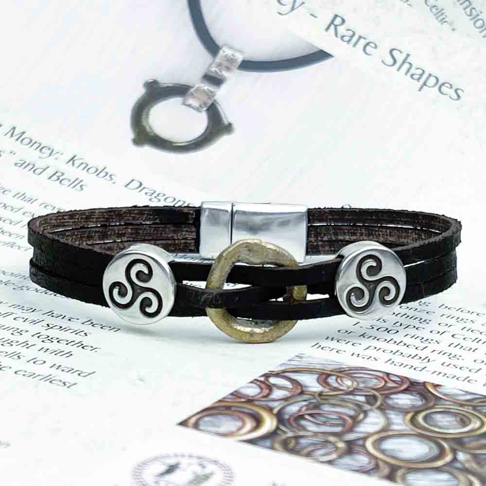 Celtic Ring Money 8&quot; Bracelet in Distressed Black Leather &amp; Silver Triskeles