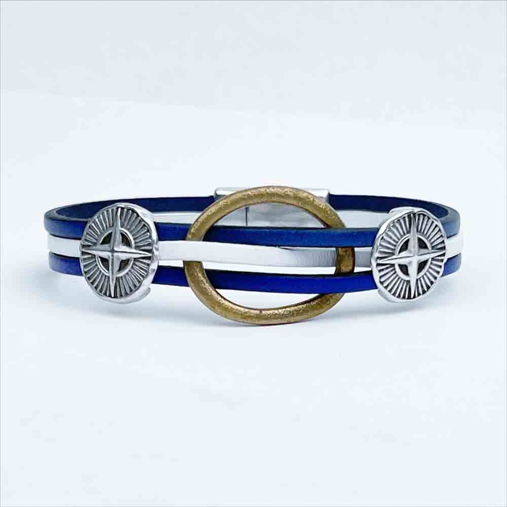 Celtic Ring Money 7.5" Bracelet in Blues and White Leather & Silver Compass Rose