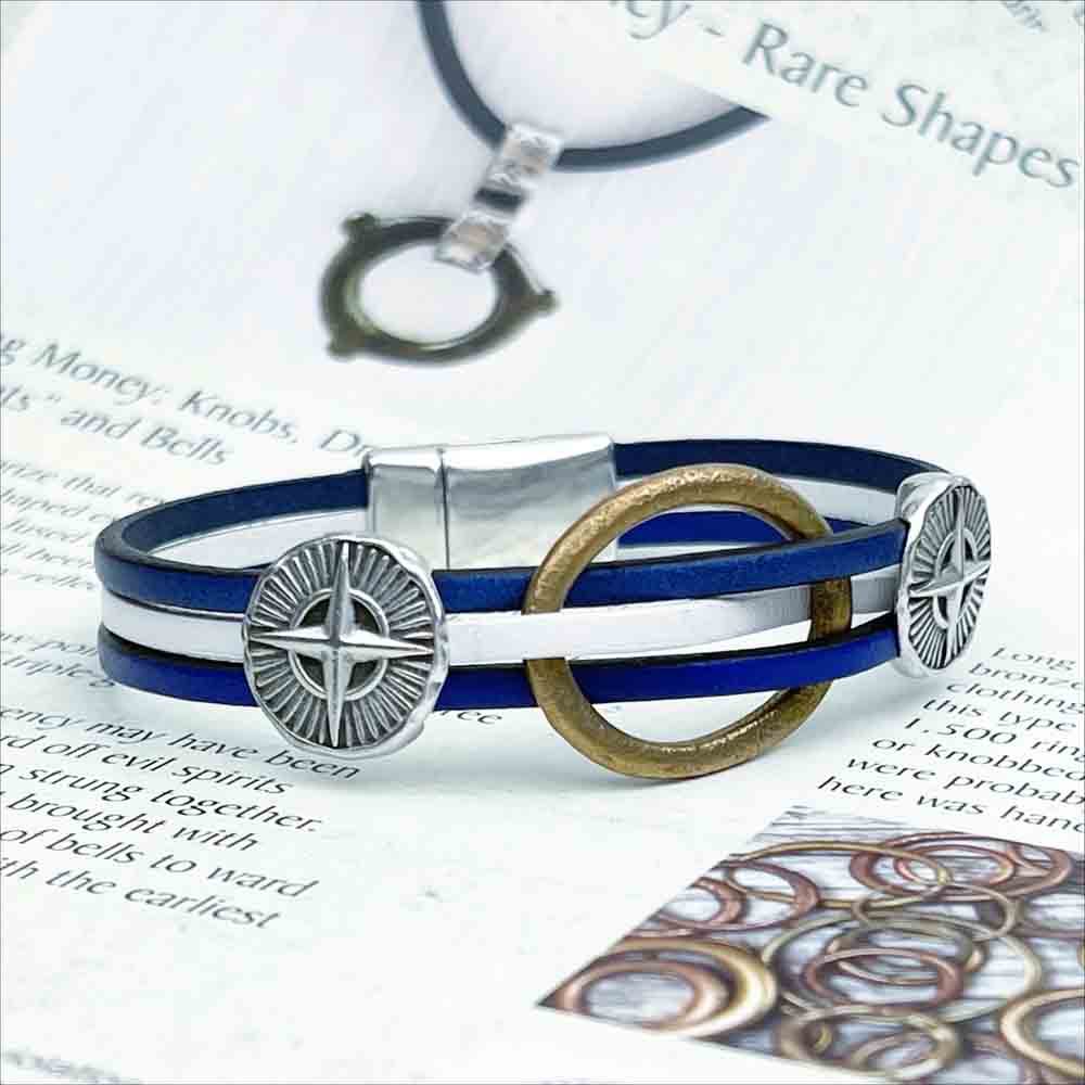 Celtic Ring Money 7.5&quot; Bracelet in Blues and White Leather &amp; Silver Compass Rose