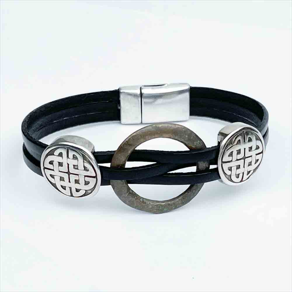 Celtic Ring Money 7 1/2&quot; Bracelet in Black Leather &amp; Silver Celtic Knots