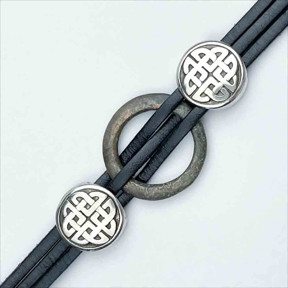 Celtic Ring Money 7 1/2" Bracelet in Black Leather & Silver Celtic Knots