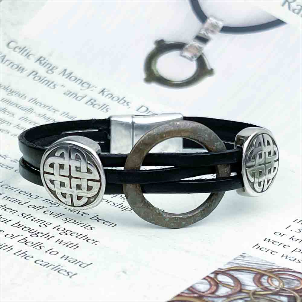 Celtic Ring Money 7 1/2&quot; Bracelet in Black Leather &amp; Silver Celtic Knots