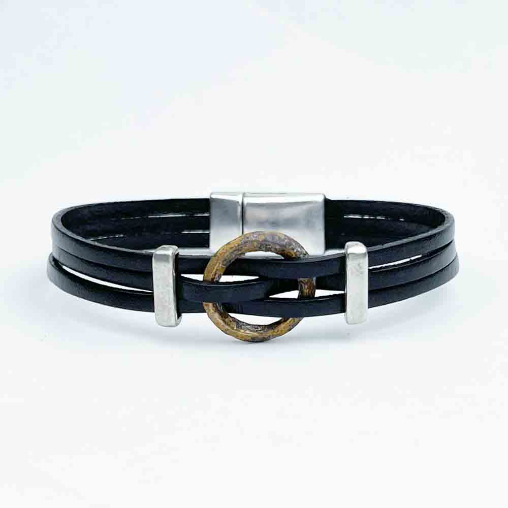 Celtic Ring Money 7 1/2&quot; Bracelet in Black Leather &amp; Silver