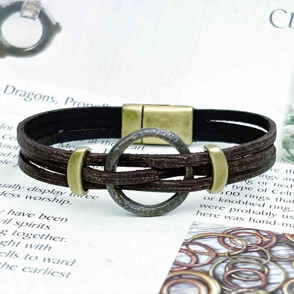 Celtic Ring Money 7 1/2" Bracelet in Distressed Brown Leather & Bronze