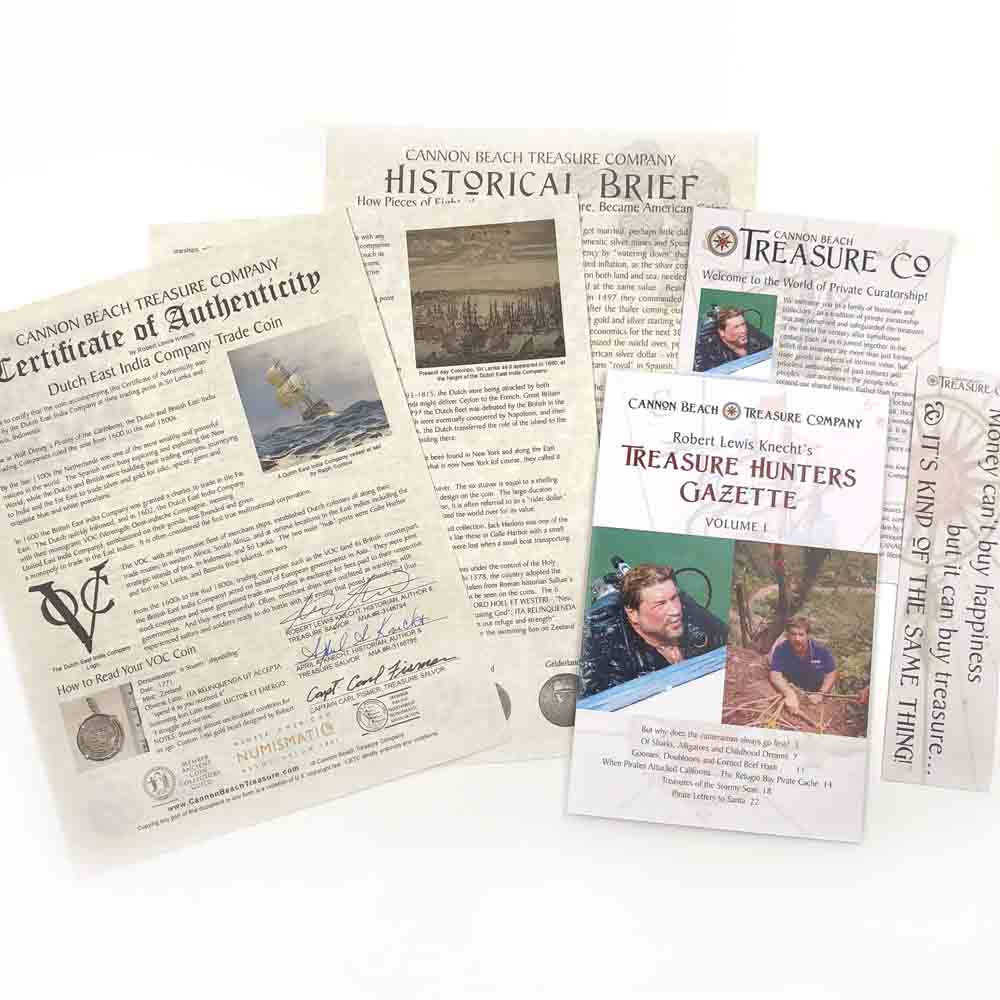 Detailed multi-page certificate of authenticity that comes with each of our treasure coin jewelry pendants researched and written by Robert Lewis Knecht - the finest Gold Standard historic documentation in the world
