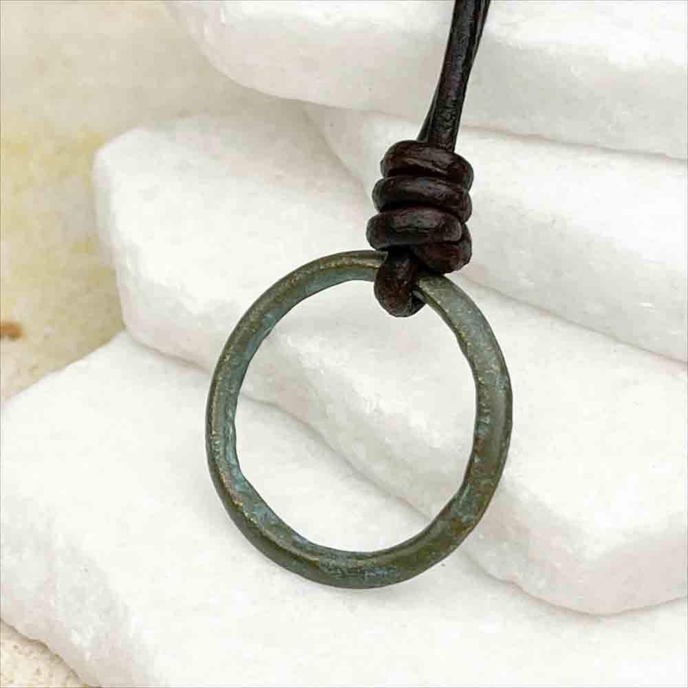 Rare Raised Ridge Rich Green Bronze Celtic Ring Money Leather Necklace