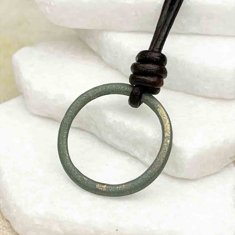 Large Golden Green Bronze Celtic Ring Money Leather Necklace