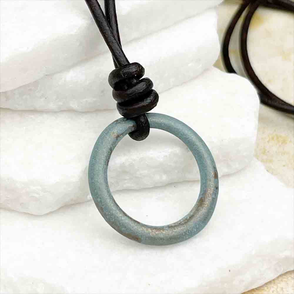 Light Variegated Green Bronze Celtic Ring Money Leather Necklace