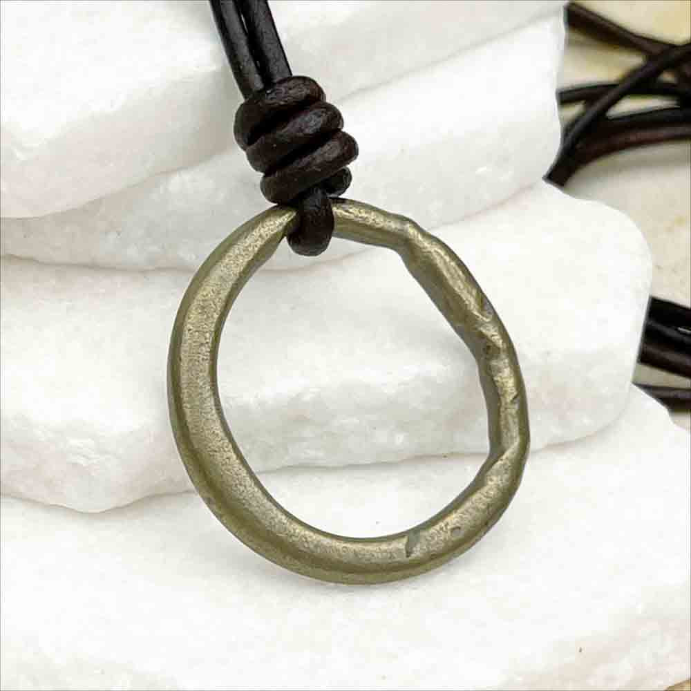 Deep Oval Bronze Celtic Ring Money Leather Necklace