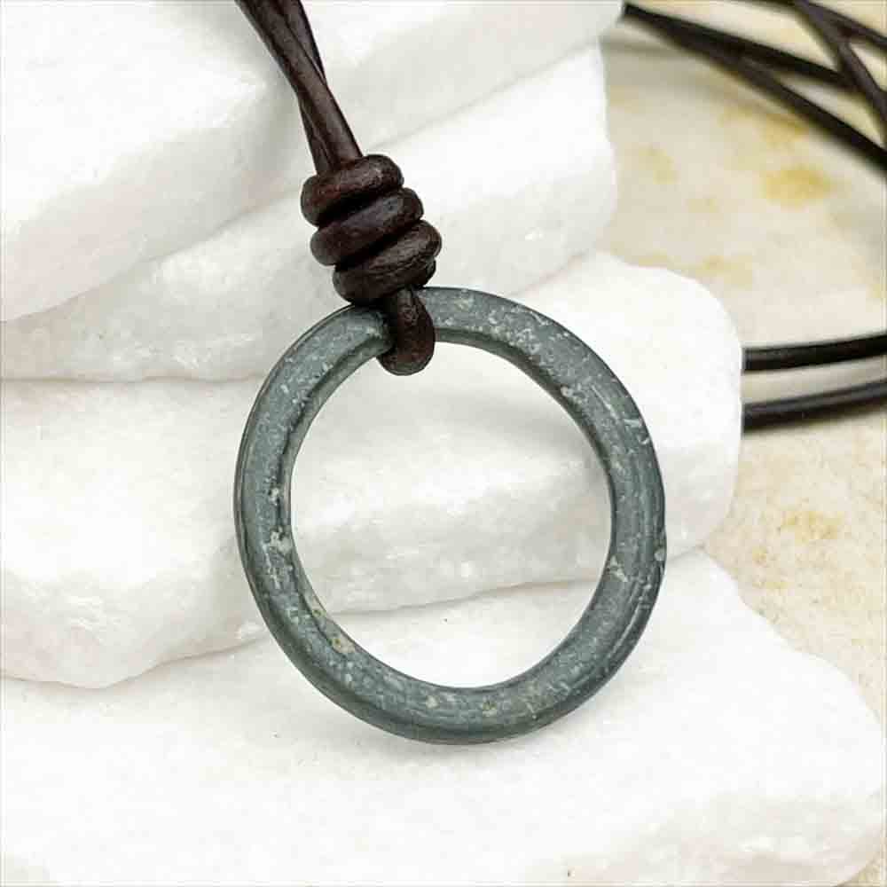 Light to Dark Flecked Green Bronze Celtic Ring Money Leather Necklace
